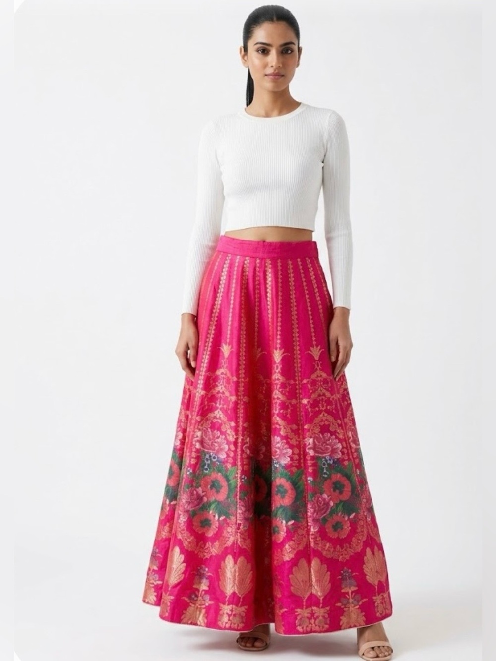 Wishful W for Woman Hot Pink and Gold Metallic Floral Maxi Skirt - Size Medium